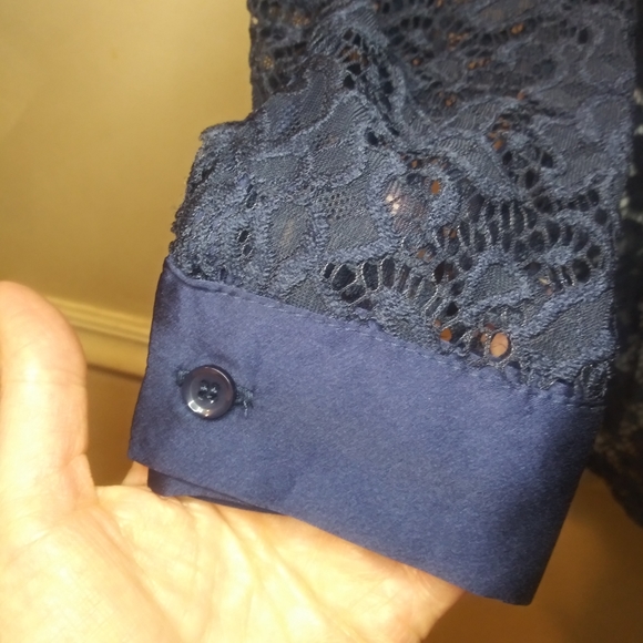 Modcloth Go Down In Mystery Satin Trimmed Blue Lace Blouse - Picture 3 of 9